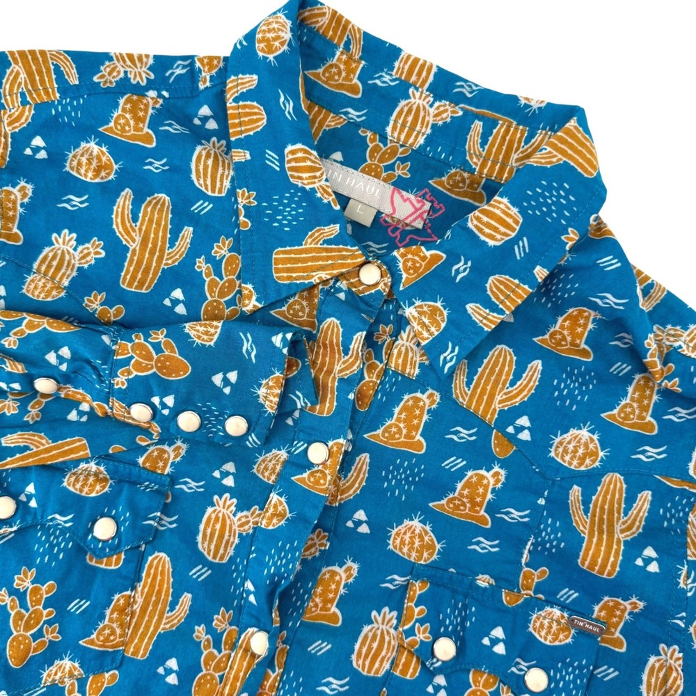Tin Haul Womens L Blue Cactus Print Western Pearl Snap Long Sleeve Shirt Rodeo